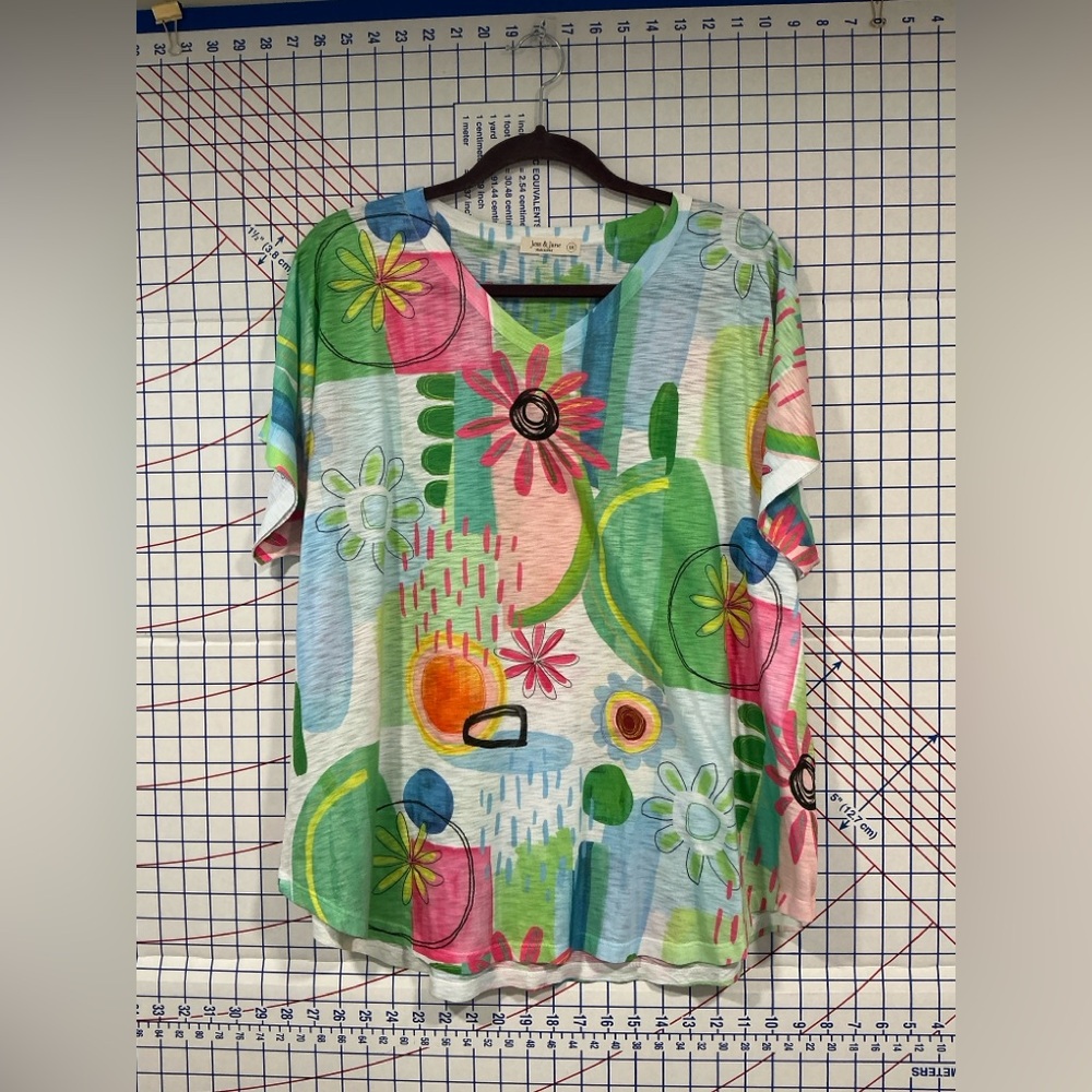Jess & Jane Colorful Abstract V-Neck Top